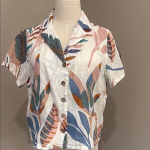 Cynthia Rowley Multicolor linen Leaf Print Button Down Shirt